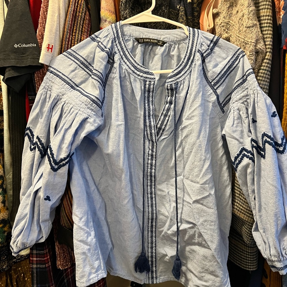 Zara Light Blue Blouse with Navy Detailing